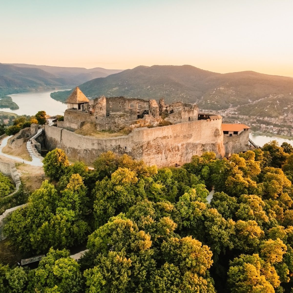 Aerial view about the Visegrad castle in Hungary, near to Danube river and slovakia. Hungarian name is Visegradi fellegvar. Discover the beauties of Hungary castle.